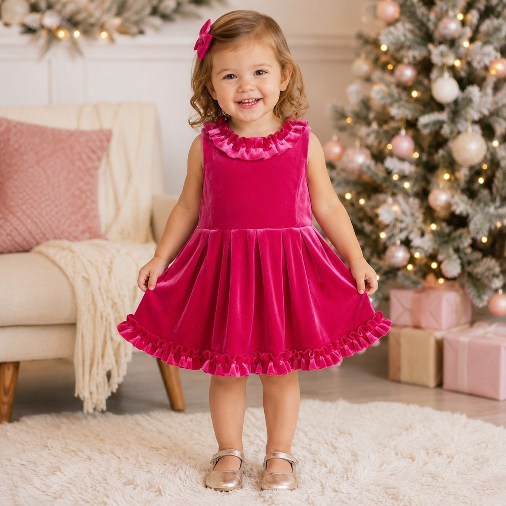 Osh Kosh Genuine Kids 2T Pink Velvet Dress Ruffle Collar Pleated Party Holiday
